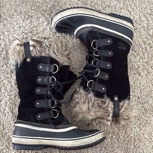 Sorel Black and Cream Winter Boots with Lace-Up Design
